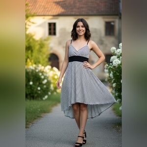 Nella Fantasia Striped Black and White High Low Dress